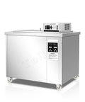 Top Shelf 88 Liter Ultrasonic Parts Washer For Heavy Automotive Injectors Carburetors Engine Components And Greasy Shop Gear With Quick Precision Digital Timer, stainless steel construction, side view.