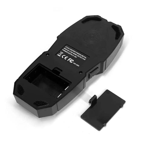 Back view of 7 in 1 Smart Stud Finder Wall Scanner with LCD Display, showing battery compartment and ergonomic design.