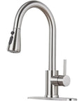 Slick Brushed Nickel Kitchen Faucet With Pull Down Sprayer High Arc Spout, single handle, sleek design, 18 inch hose.