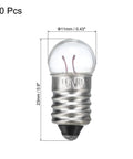 Hella Bright E10 Mini Light Bulbs With Warm Yellow Vibe 10 Pack 1.5V Miniature Screw Bulbs showing clear glass and metal base