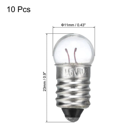 Hella Bright E10 Mini Light Bulbs With Warm Yellow Vibe 10 Pack 1.5V Miniature Screw Bulbs showing clear glass and metal base