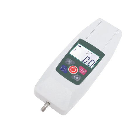 Digital Push Pull Dynamometer Meter With Backlit LCD Portable Force Gauge For Tension And Compression Testing Real Time And Peak Readouts N Lb Kg Oz Units Auto Power Off Storage Box Precision Machined Plus Minus 1 Percent, white handheld device