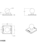 Badass Amps Adapter Plate With Four Hole Mounting Base And Hella Adjustable One Inch Rubber Ball for RAM double socket arms, dimensions drawing.