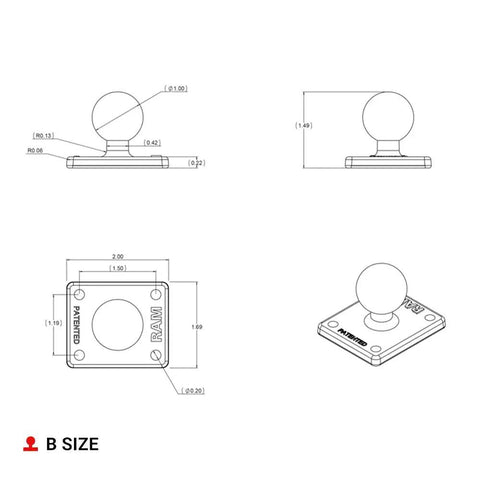 Badass Amps Adapter Plate With Four Hole Mounting Base And Hella Adjustable One Inch Rubber Ball for RAM double socket arms, dimensions drawing.