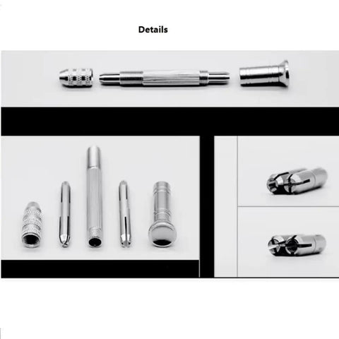 Straight Up Killer Pin Vise With Sleek Reversible Steel Collets for tiny wires and hardware bits, showing various collet sizes.