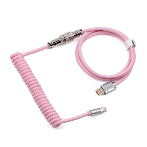 Puff Aviator Coiled USB C Cable For Mechanical Gaming Keyboards Detachable Type C With Aviation Connector Durable Dope Snug Fit For Windows Mac Gamers RT100 TH68 Pro TH80 Pro TH96 TH80 SE CIDOO V65 Pink, pink coiled cable with metal connectors