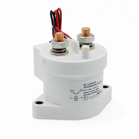 Premium 200A DC Contactor Power Relay Switch for EV Chargers with copper terminals and wiring, designed for 12V to 48V applications.