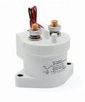 Straight Up Heavy Duty 200A DC Contactor Relay Switch For Electric Vehicle Charger High Voltage Power Electric Switch 12 To 24 Volts in white with copper terminals.