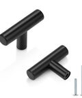Black Cabinet Knobs Five Pack T Knobs Single Hole Two Inch Overall Length 12mm Bar Diameter with included screws displayed