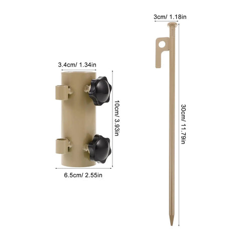 Measurement details of Beefy Adjustable Tent Stake Hammer Set With Aluminum Poles And Sand Stakes components in khaki color.