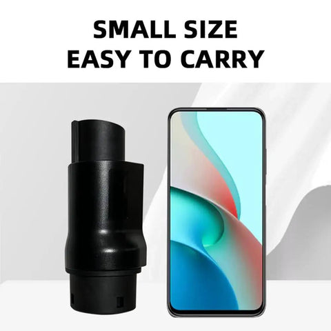 High Performance GBT Socket To Type 1 Plug Adapter For EV Chargers next to a smartphone, showcasing its small size and portability.