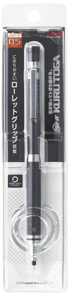 Kuru Toga Rotating Lead Mechanical Pencil 0.5mm With Gun Metal Finish in packaging showing pencil design and details.