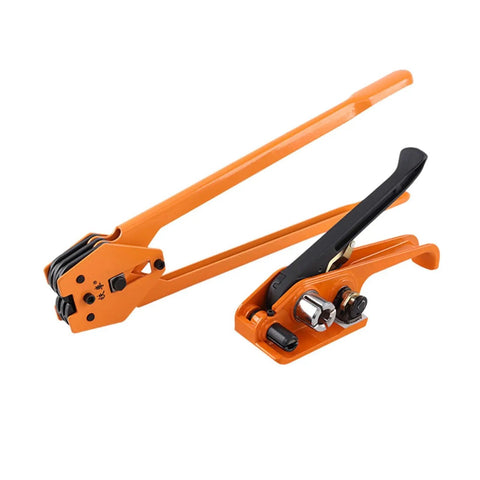 Heavy Duty Industrial Pet Strapping Machine Kit With Auto Cut Tensioner And Sealer For Secure Cargo Banding tools in orange color.