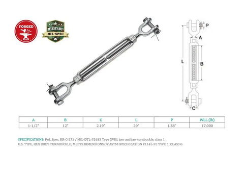 Rock Solid Stainless Steel 316 Jaw Jaw Turnbuckle Drop Forged One And Half By 12 Inches 17000 Lbs Wll displayed with specifications.
