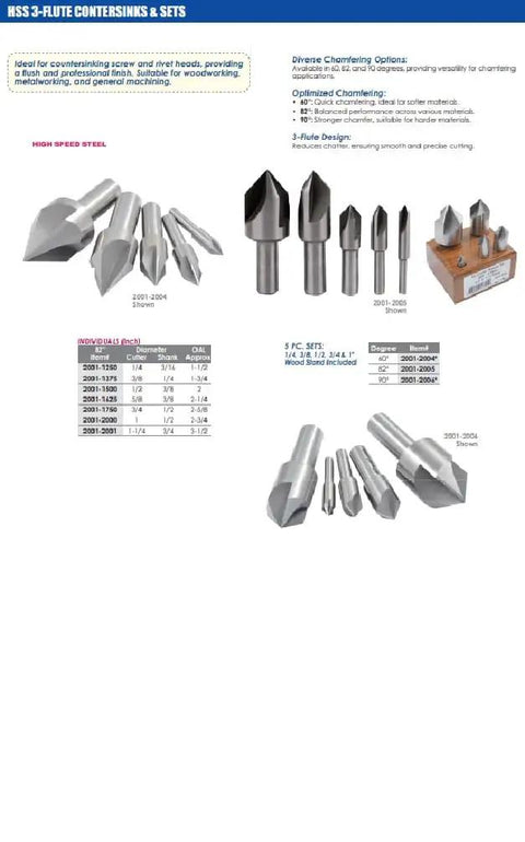 HSS 3-Flute Countersinks set, showcasing various sizes and shapes, ideal for precise drilling in wood and metal.