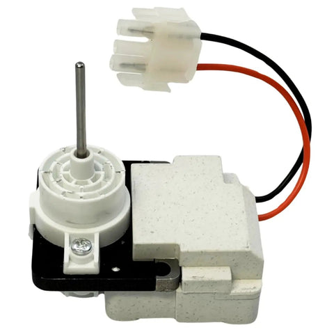 Close-up of evaporator fan motor replacement part for Frigidaire and Kenmore refrigerators with wires and connector visible.