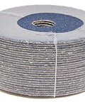 Heavy Duty Resin Fiber Zirconia Sanding Discs Built To Crush Gnarly Rust And Old Paint On Steel Or Wood Angle Grinder Wheels Featuring 7 8 Inch Arbor 25 Piece Pack close-up of stacked sanding discs with blue abrasive surface.