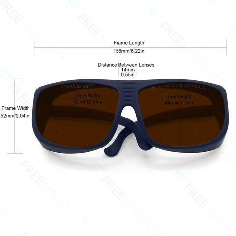 Heavy Duty Laser Safety Glasses Featuring Kickass Optical Density Six Plus Shielding For Blue Violet Green And Infrared Ranges, front view with dimensions.