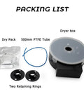 Packing list showing filament dryer box, dry pack, 500mm PTFE tube, and retaining rings for Filament Dryer Box For 3D Printer Filament Storage And Drying Keeps Filament Dry No Moisture Mess Reduces Stringing And Clogs During Printing Compatible With 1.75mm PLA PETG ABS PA12 CF UltraPA S White And More.