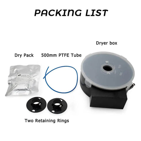 Packing list showing filament dryer box, dry pack, 500mm PTFE tube, and retaining rings for Filament Dryer Box For 3D Printer Filament Storage And Drying Keeps Filament Dry No Moisture Mess Reduces Stringing And Clogs During Printing Compatible With 1.75mm PLA PETG ABS PA12 CF UltraPA S White And More.
