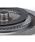 Close-up of the heavy duty swivel mechanism of Black Tempered Glass Lazy Susan Turntable Serving Tray, 28 Inch Round Base.