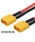 XT30 Power Connector Male To Male 18AWG Extension Cable with gold-plated contacts, red and black wires, high current low resistance
