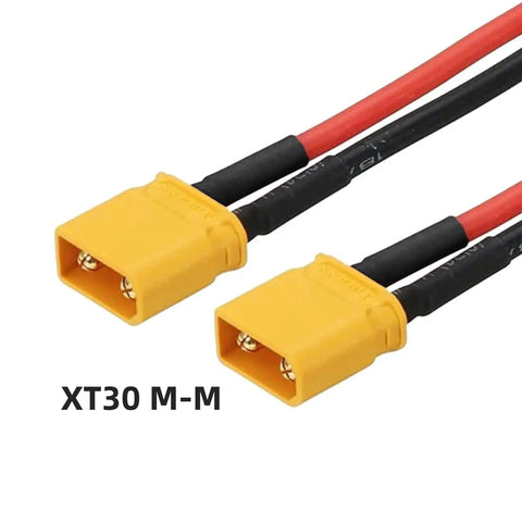 XT30 Power Connector Male To Male 18AWG Extension Cable with gold-plated contacts, red and black wires, high current low resistance