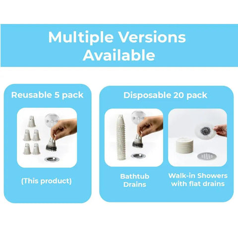 Multiple versions of hair catcher drains, including Five Pack Reusable Bathtub Hair Catcher Drain Strainer And Sink Trap Made From Eco Friendly Bioplastic.