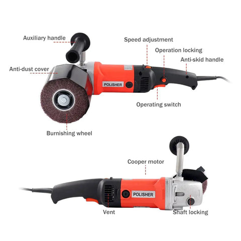 Powerful 1400W Surface Conditioning Tool with 8 Variable Speed Wheel Sander and Polisher, side view showing components.