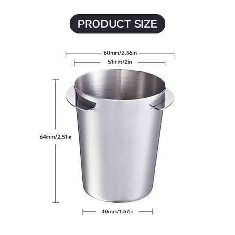 51mm stainless steel coffee dosing cup dimensions with measurements for espresso machines, barista grade.