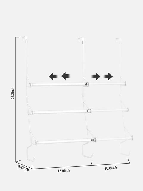 Adjustable Over The Door Towel Rack With Hooks For Bathroom Telescoping Crossbar Adjusts From 12.9 To 23.5 Inches Triple Bar Hanging Organizer Easy Access Towel Holder Space Saving White Finish with diagram and measurements