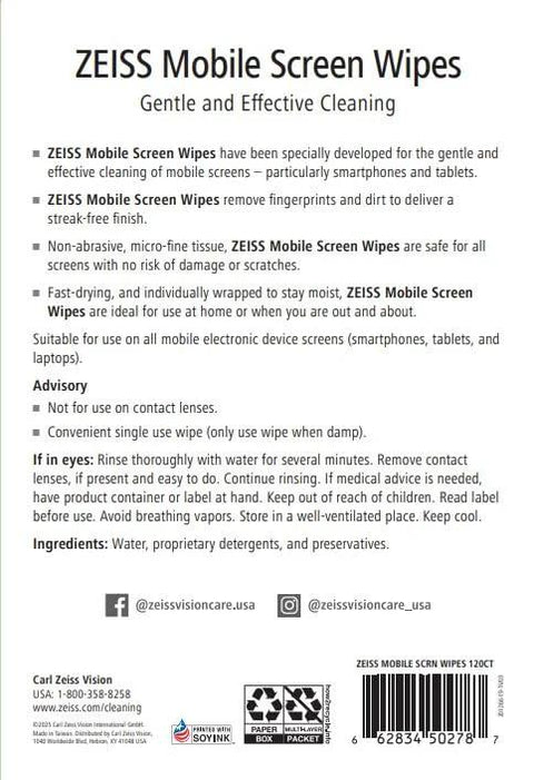 ZEISS Mobile Screen Wipes back label on white package showing usage instructions and 120 count