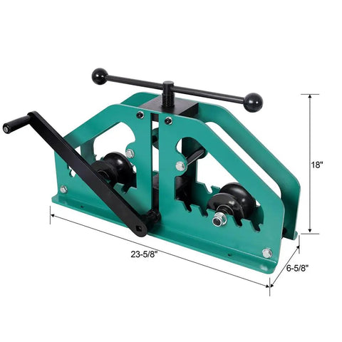 Lmaoss Heavy Duty Tube Roller Bender with 3 Dies For Up To 1-5 Inch Round Steel Copper Aluminum Pipe Flexing Tool front view with dimensions
