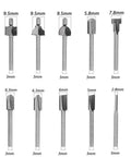 Ten Piece HSS Router Bit Set With One Eighth Inch Shank For DIY Woodworking Handyman Pro Grade Straight Trim V Groove Beading Cove Slot Cutter Edge Forming Bits For Rotary Tools And Carving displayed with size measurements