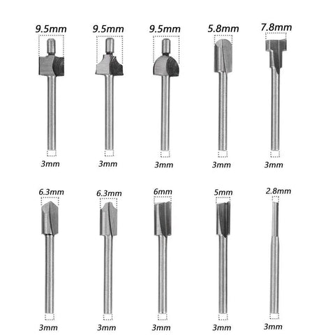 Ten Piece HSS Router Bit Set With One Eighth Inch Shank For DIY Woodworking Handyman Pro Grade Straight Trim V Groove Beading Cove Slot Cutter Edge Forming Bits For Rotary Tools And Carving displayed with size measurements