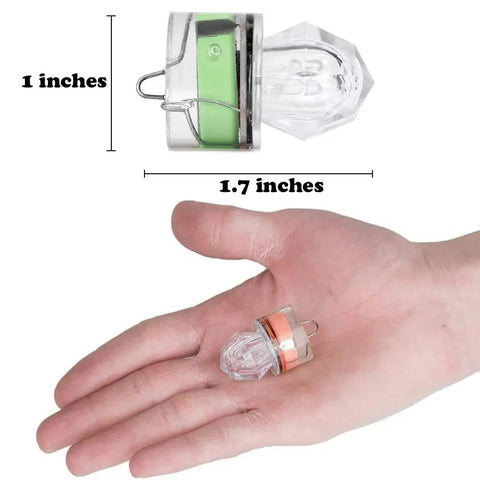 10 Pack Deep Drop LED Fishing Lights With Automatic Flashing Underwater Attractant, shown in hand for size reference