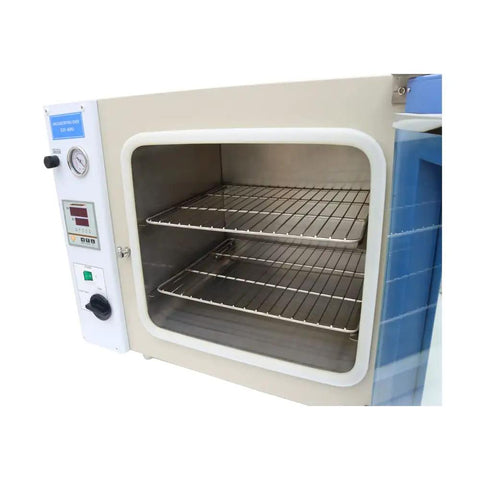Intbuying 1 Point 9 Cubic Foot Vacuum Drying Oven with LCD Screen, showing interior shelves for lab research use.