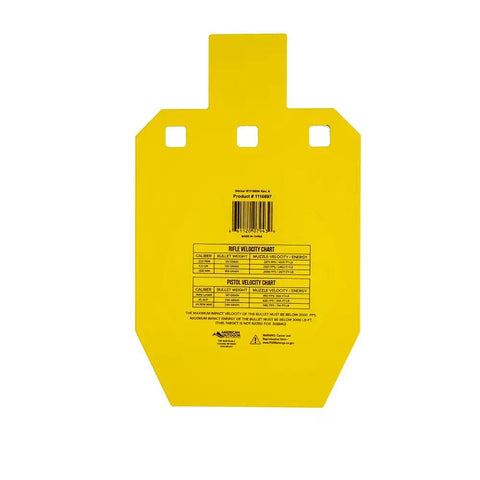 Rifle Ready AR500 Steel Target Three Eighths Inch Thick 33 Percent ISPC rear view showing velocity chart, yellow color