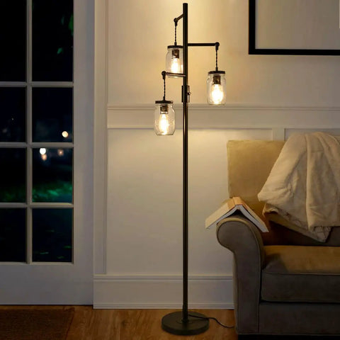 Industrial Floor Lamp With Mason Jar Shade 64 Inch Tall Black Standing Lamp 3 Light Vintage Tree Design in living room corner