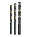 Three Drill America HSS twist drill bits with black and gold finish, 1/16-1/2 in range (KFD29J-PC).