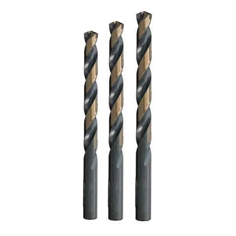 Three Drill America HSS twist drill bits with black and gold finish, 1/16-1/2 in range (KFD29J-PC).