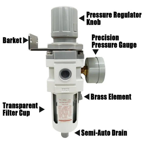 Three Eighth NPT Air Filter Regulator Combo With Water Separator For Air Compressor Line Semi Auto Drain 5 Micron Brass Element Gauge