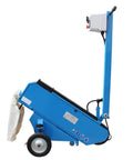 Heavy Duty 3 Inch Belt Sander Grinder 3 Phase 220V 3360 RPM Metal Polisher with rolling wheels and dust bag side view.
