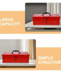 Slick Red Metal Toolbox Chest With Reinforced Carry Handle For Portable Gear Storage And Heavy Duty Tool Organization That Serves As The Ultimate Hardcore Hardware Locker displayed on a table.