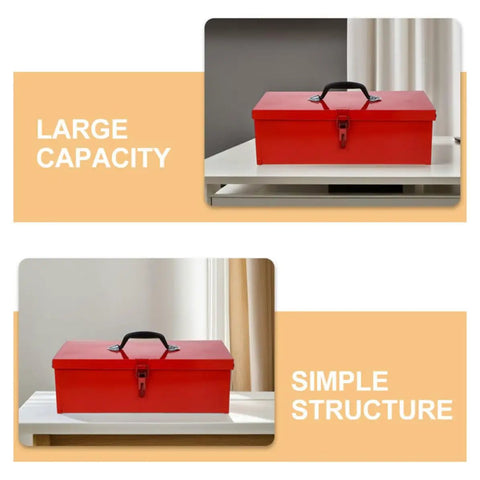 Tough As Nails Red Metal Toolbox Organizer With Secure Latch Closure And Rugged Portable Handle on a table, highlighting large capacity and simple structure.