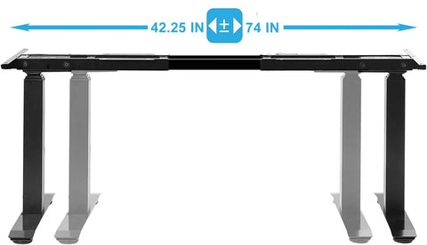Electric Stand Up Desk Frame With Dual Motor And Three Stage Lifting For Smooth Height Adjustment Includes Four Memory Preset Keypad showing dimensions 74 inches width and 42.25 inches depth.