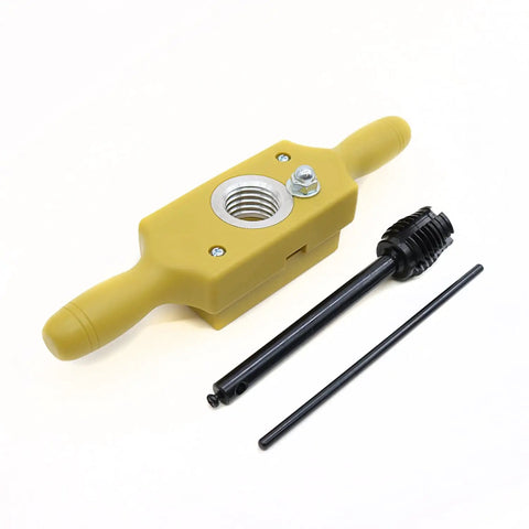 Woodworking Tap And Die Set 5 Pc For Cutting Internal And External Threads In Wood 1/2 To 1-1/2 Inch tool with handle and accessory rod.