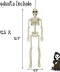 Six 16 Inch Full Body Poseable Skeletons With Movable Joints For Halloween Indoor Outdoor Spooky Decor, shown with dimensions.
