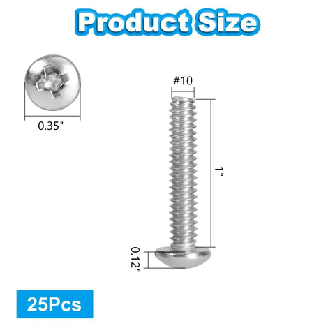 Built Tough 304 Stainless Steel Phillips Pan Head Machine Screws Size Ten Twenty Four By One Inch Long with dimensions 0.35" head and 1" long