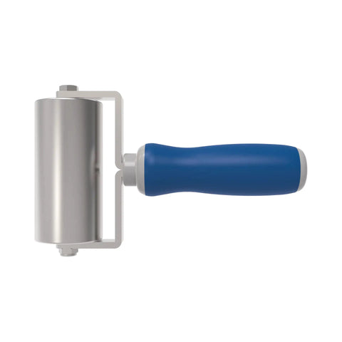 Convertible Steel Seam Roller 2 Inch Diameter 4 Inch Wide with Cushioned 5.5 Inch Grip, shown in side view with blue handle